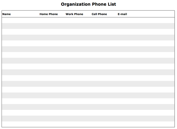 Captura de pantalla de la lista de teléfonos de la organización imprimible