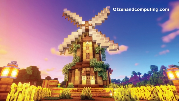 Cenário de moinho de vento em uma floresta estilo élfico